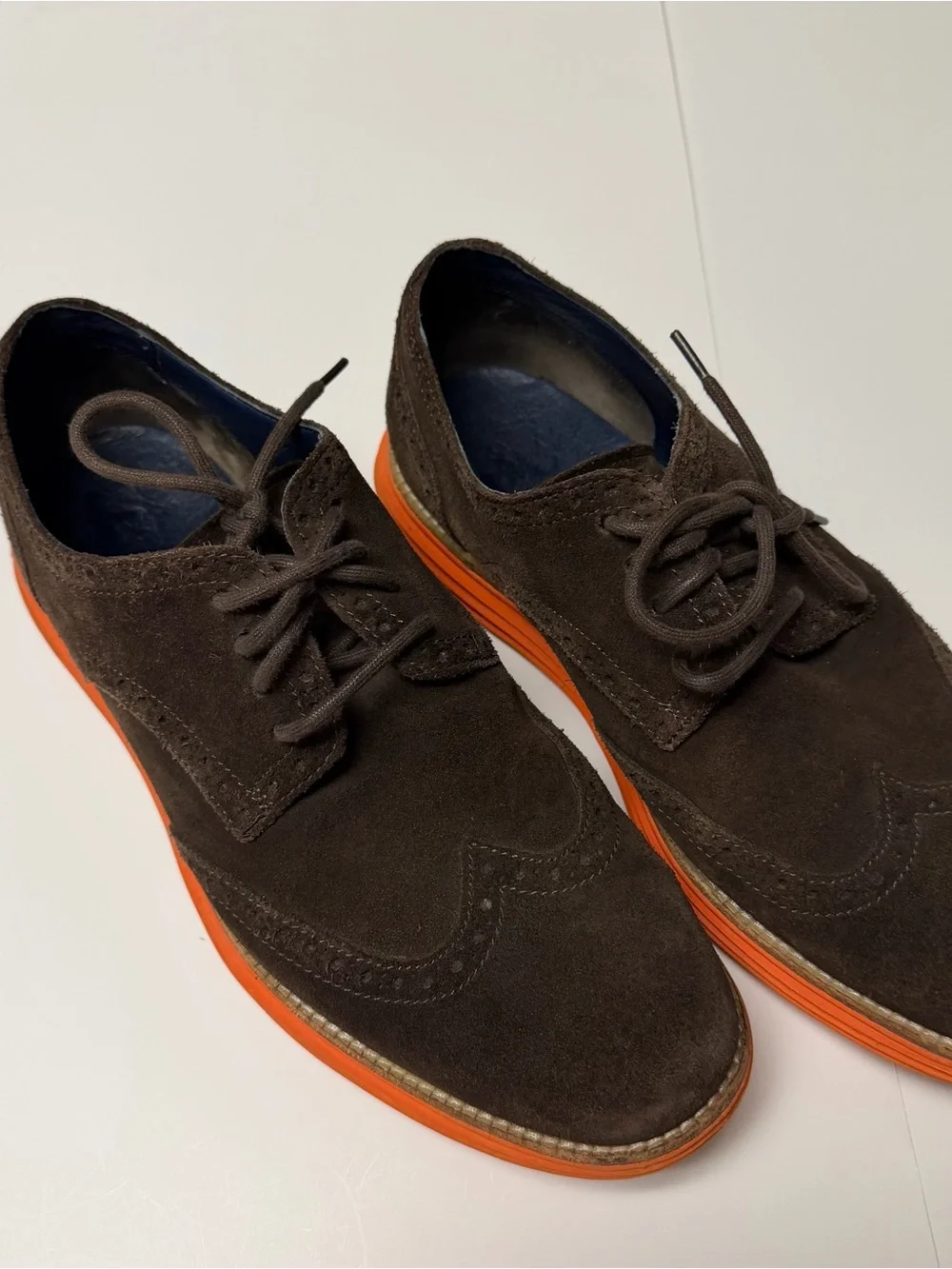 Cole Haan Dark Brown Suede Wingtip Oxfords with Orange Contrast Sole